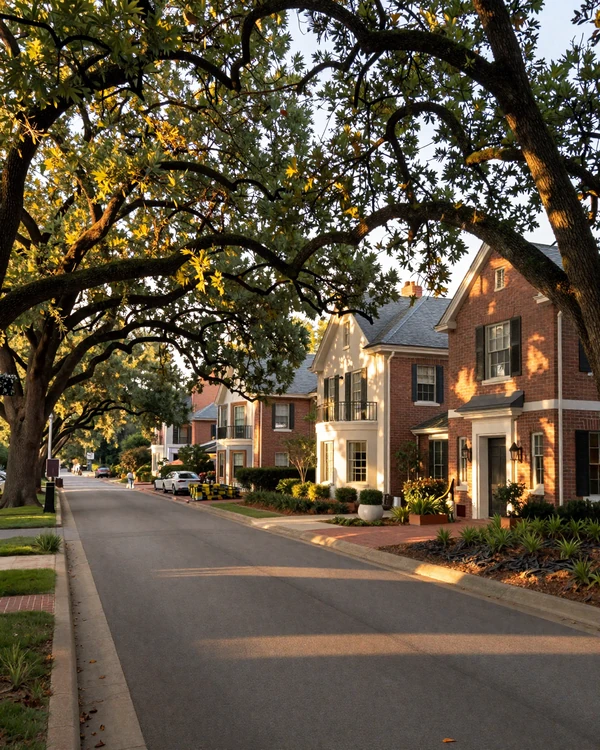 Tanglewood Houston boulevard with mature oaks and brick estate entrances at golden hour