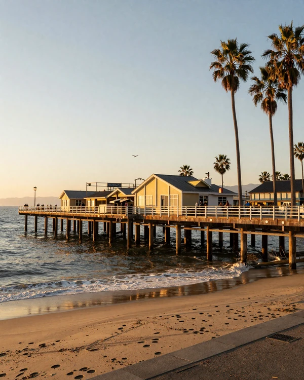 Santa Monica oceanfront and pier at golden hour with Pacific Ocean view