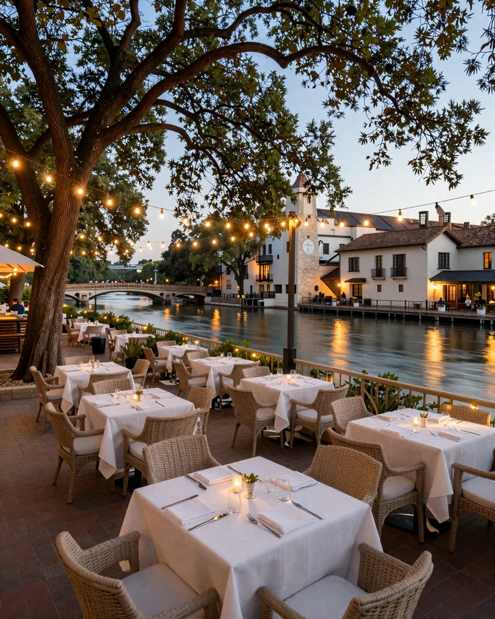 San Antonio River Walk fine dining terrace at twilight with cypress trees and warm string lights