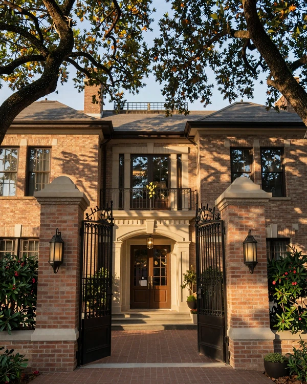 River Oaks Houston mansion entrance with wrought iron gates