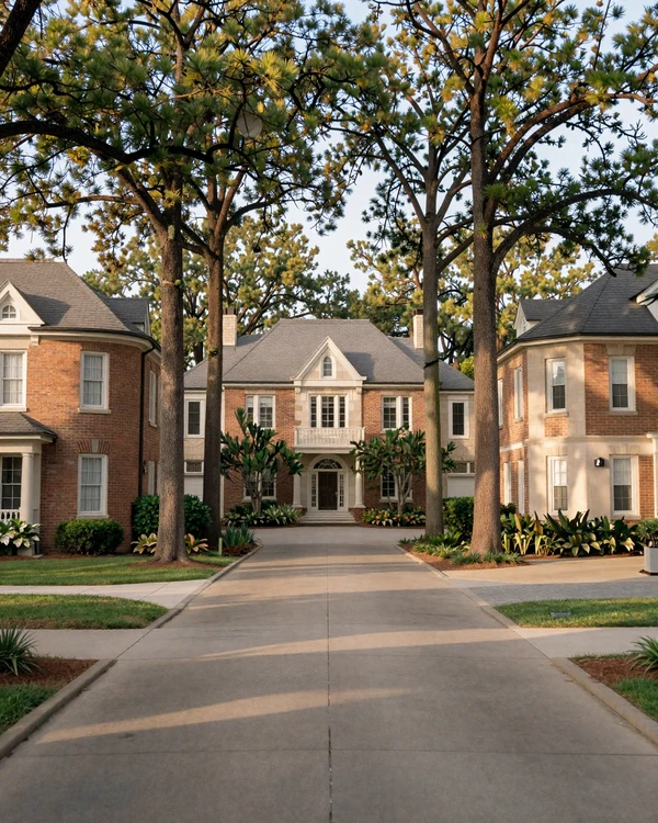 Memorial Houston wooded estate avenue with mature pines in warm afternoon light