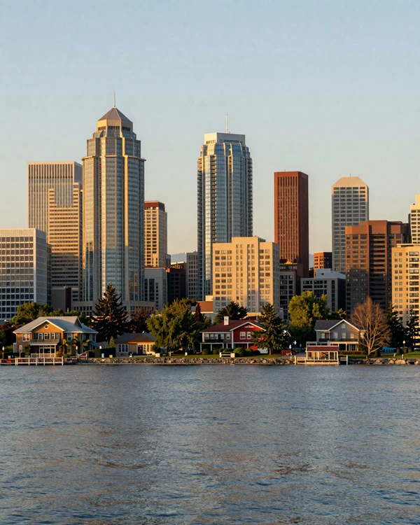 Bellevue downtown skyline with glass towers and Lake Washington at golden hour