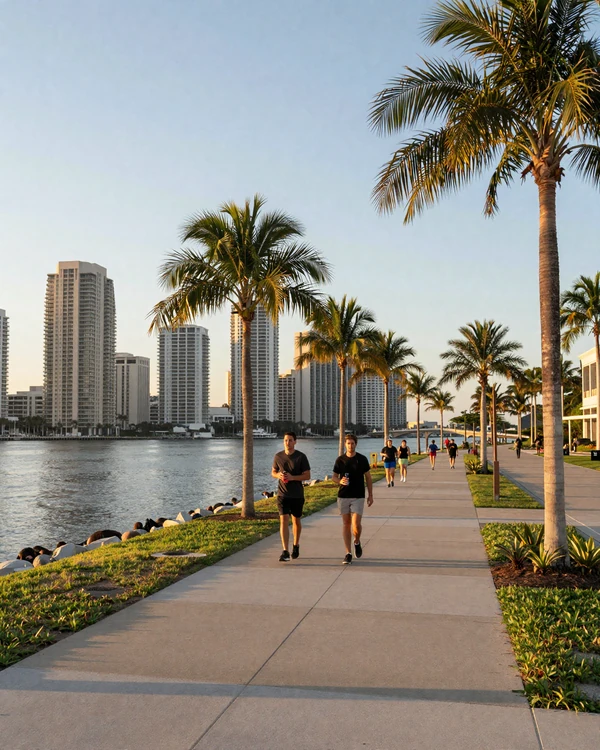 South Tampa Bayshore Boulevard waterfront promenade at golden hour with bay view