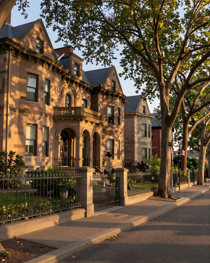 Lincoln Park greystone mansion street at golden hour Chicago