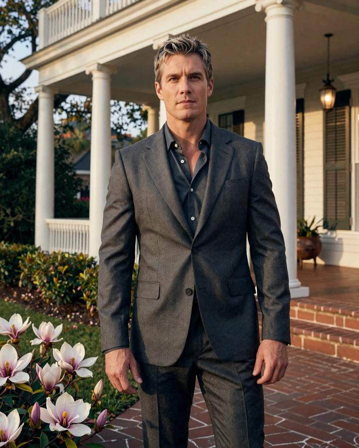 Sophisticated Nashville executive on Belle Meade mansion veranda at golden hour representing sugar daddy Nashville lifestyle