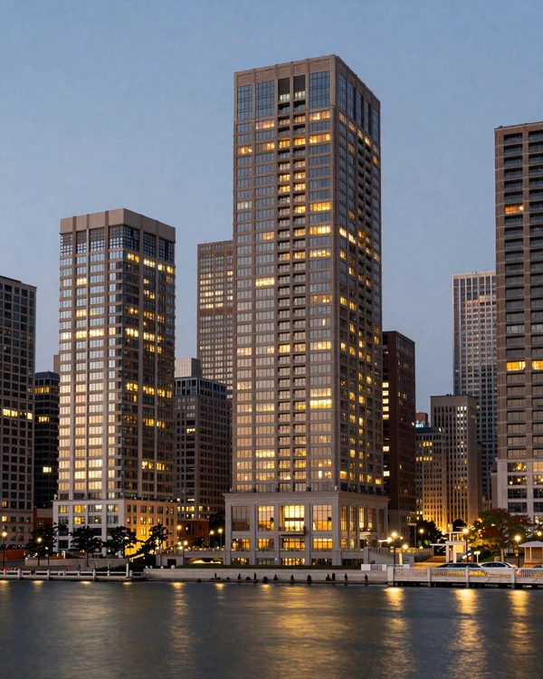 Streeterville lakefront high-rise residences at dusk