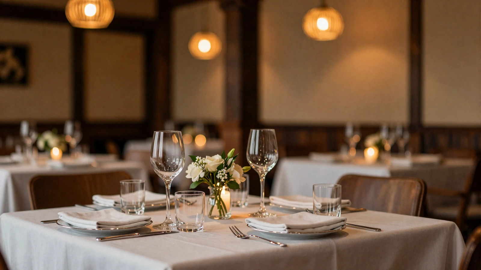 Elegant candlelit restaurant table set for two at an upscale dining room