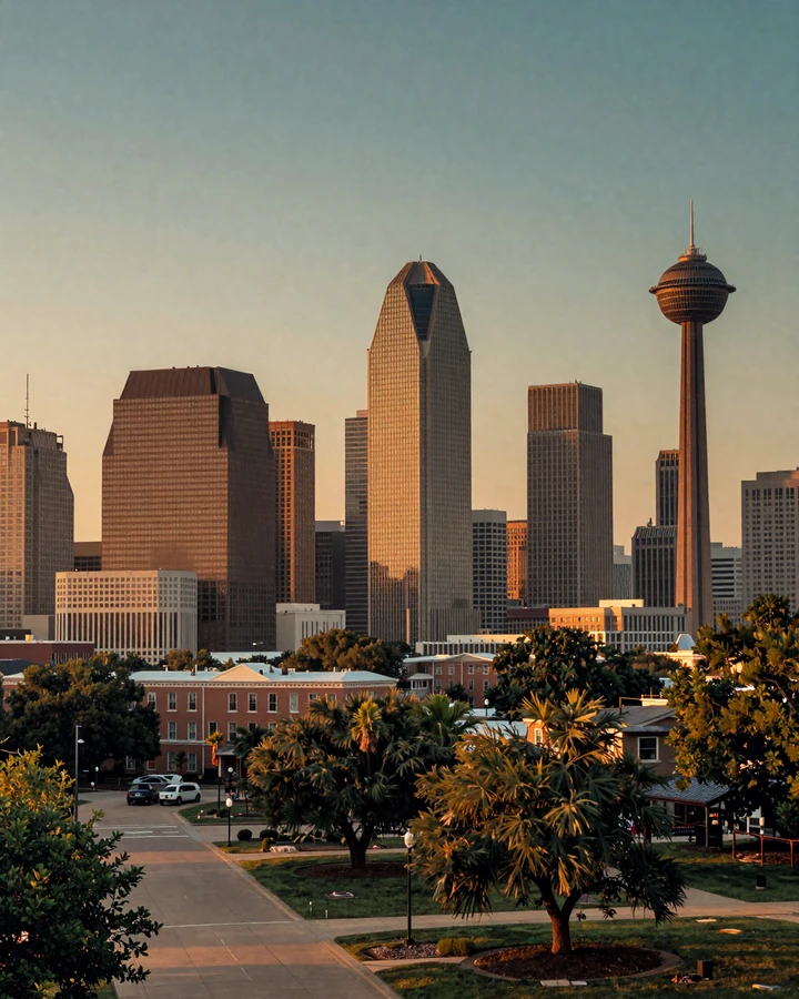 Dallas skyline at twilight viewed from Highland Park luxury neighborhood