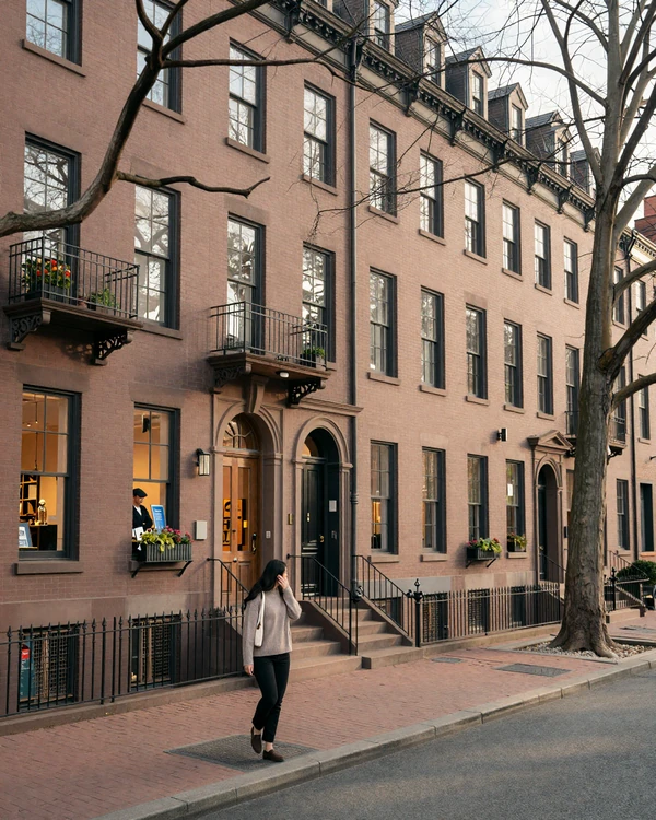 Back Bay Boston Newbury Street brownstone row with boutique storefronts
