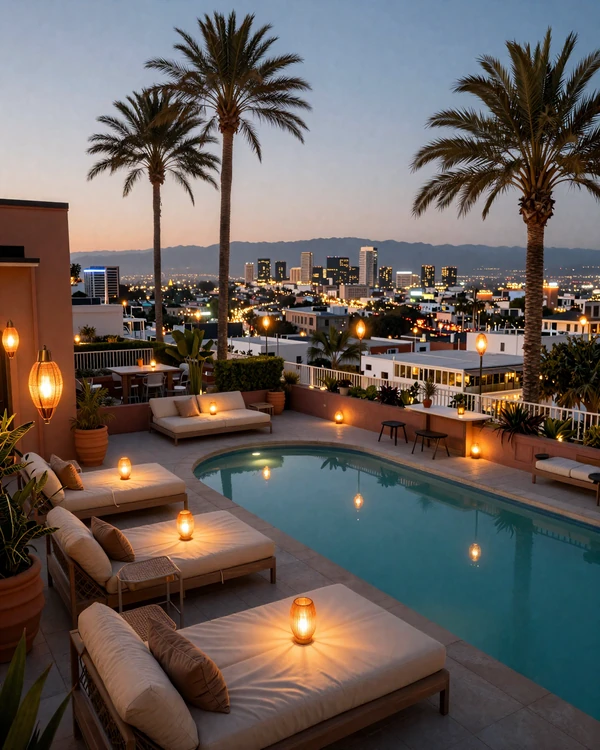 West Hollywood rooftop bar at dusk with Sunset Strip view and palm trees