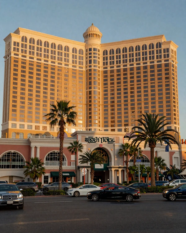 The Las Vegas Strip at golden hour with luxury resort facades and palm trees