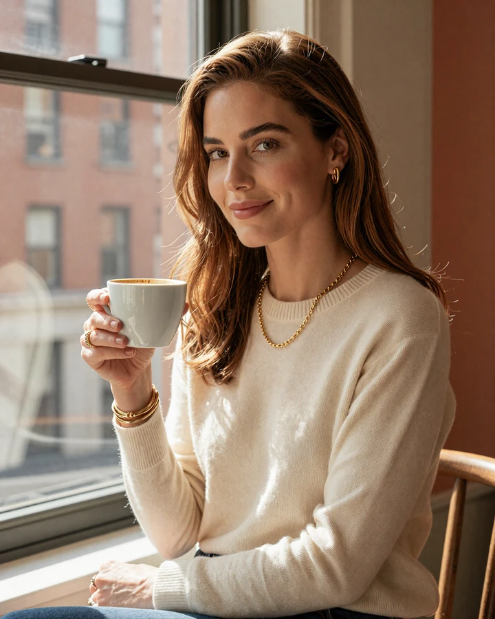 Refined young woman in cream cashmere by sunlit Manhattan window representing premium sugar baby dating site