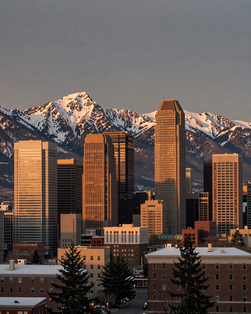 Denver Colorado skyline at dusk with Rocky Mountains representing the sugar baby Denver setting