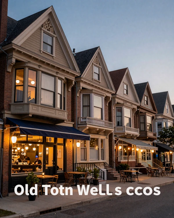 Old Town Wells Street Victorian row at dusk