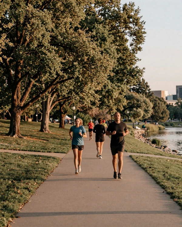 Washington Park Denver lakeside path with mature trees at golden hour