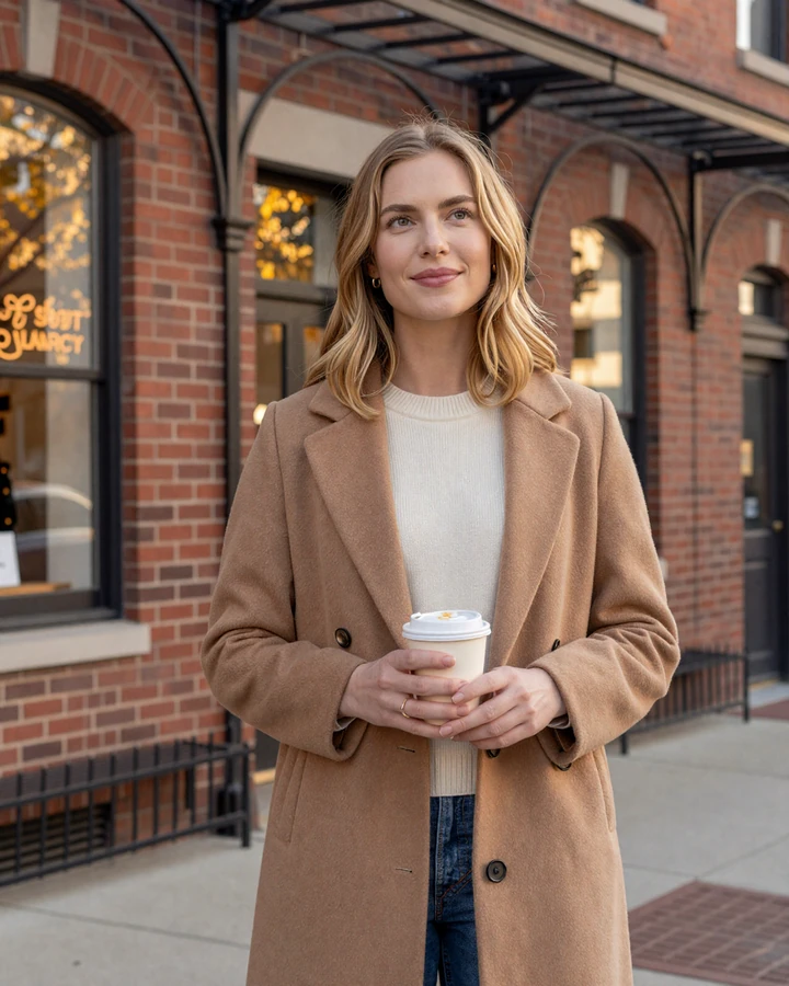 Refined young woman in cream cashmere on Short North gallery district representing sugar daddy Columbus lifestyle