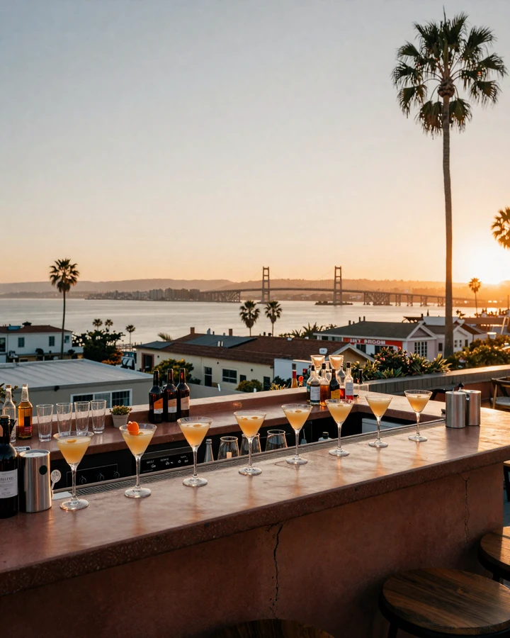 San Diego rooftop bar at sunset with bay and Coronado bridge view representing Gaslamp Quarter date venues