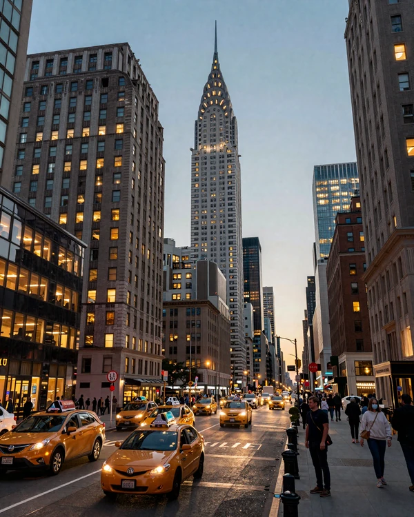 Midtown Manhattan skyline at dusk with Chrysler Building