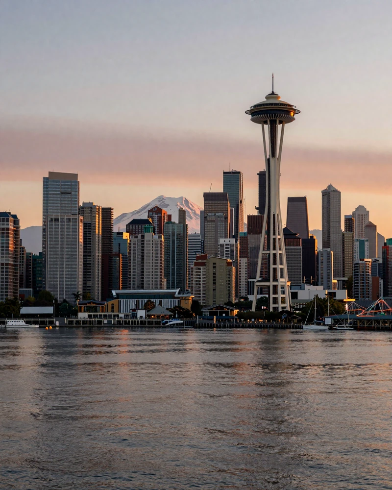 Seattle skyline at golden hour from Kerry Park with Mount Rainier representing the sugar baby Seattle setting