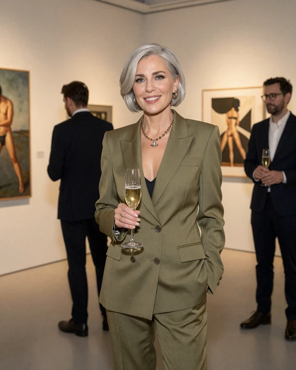 Accomplished mature woman at gallery opening representing sugar mama community