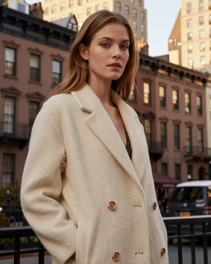 Elegant woman in cream cashmere coat on Park Avenue representing sugar dating in New York