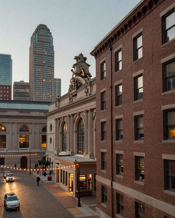 LoDo Denver historic warehouse district at dusk with Larimer Square lights