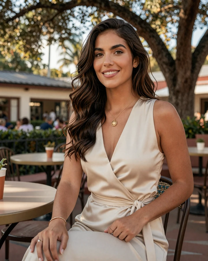 Refined young woman in cream silk dress at Winter Park outdoor cafe representing Orlando sugar dating lifestyle