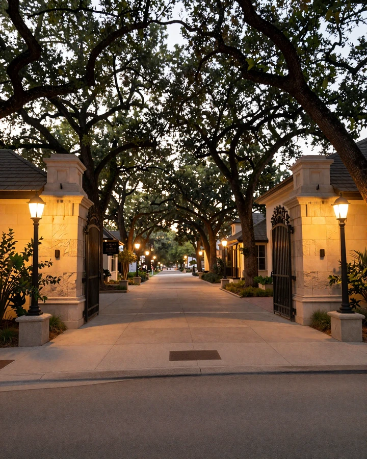 River Oaks Houston boulevard with live oak canopy and limestone estates at golden hour