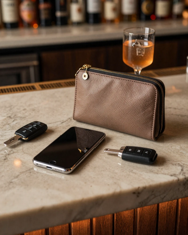 Editorial still life of smartphone and personal items representing sugar baby safety practices in Houston