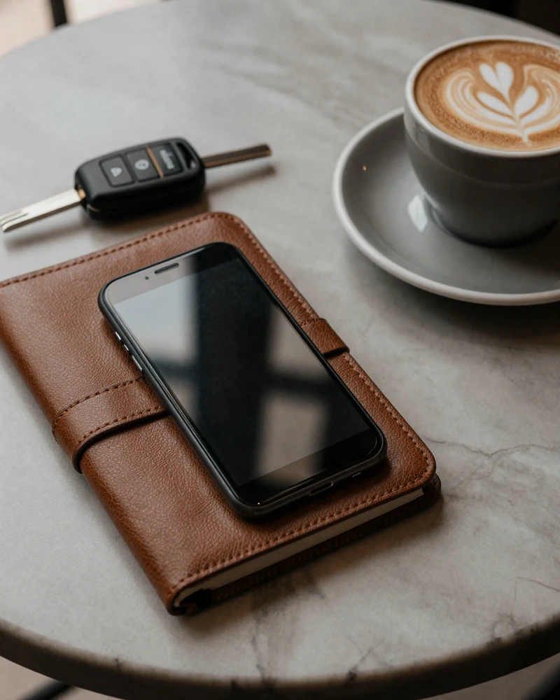 Editorial still life of smartphone and personal items representing sugar baby safety practices in Atlanta