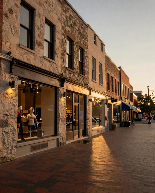 Carmel Arts District limestone storefronts at golden hour