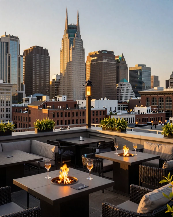 Nashville rooftop bar at golden hour with downtown skyline view