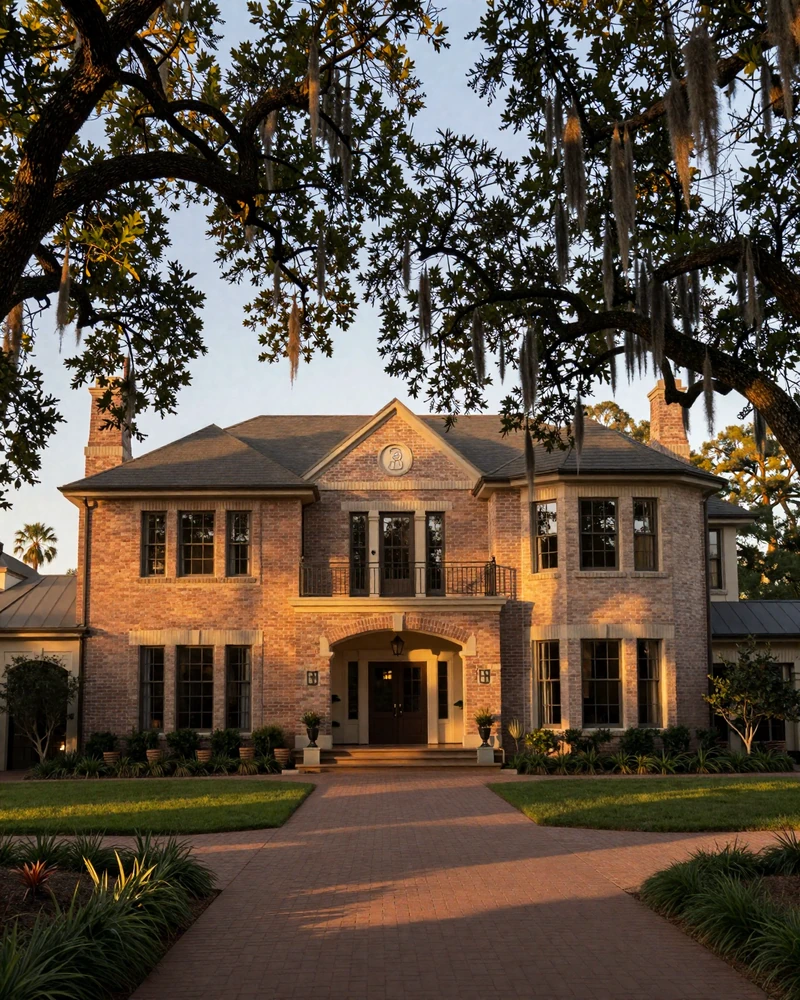 River Oaks Houston brick mansion under oak-canopied boulevard representing sugar baby Houston setting