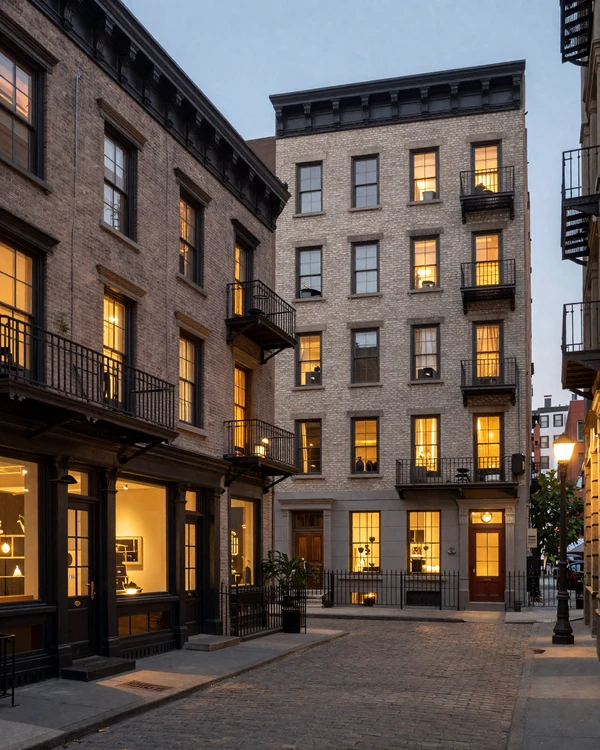 Tribeca cobblestone street with cast-iron loft buildings at dusk