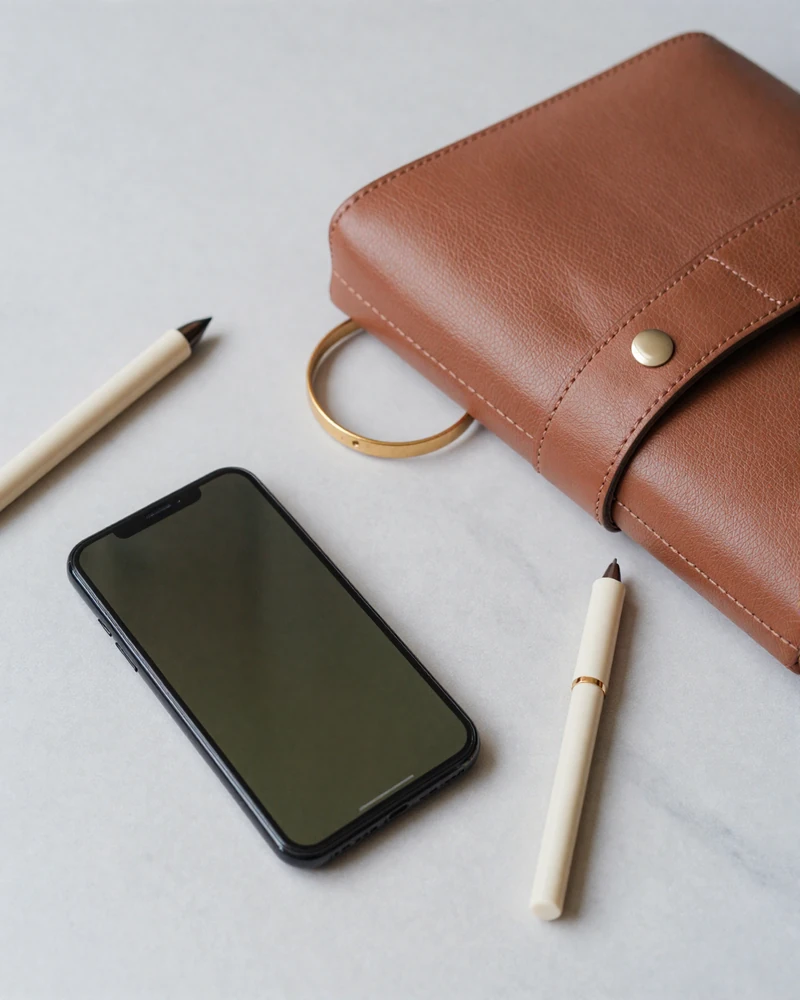 Editorial still life of smartphone and personal items representing sugar baby safety practices in Dallas