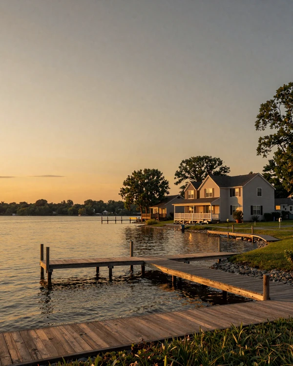 Geist Reservoir lakefront home and private dock at sunset Indianapolis