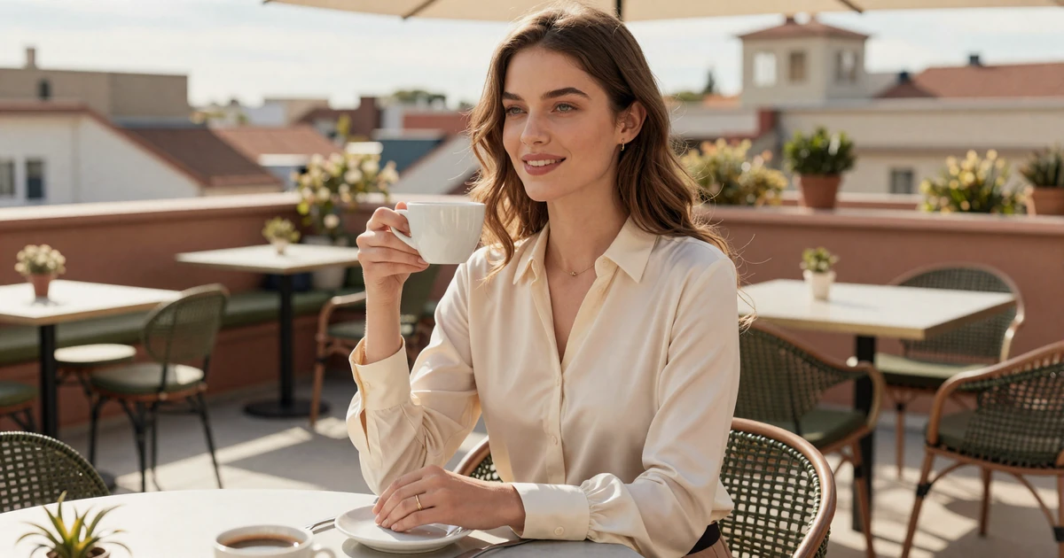 Elegant woman on rooftop cafe at golden hour representing modern sugar dating lifestyle