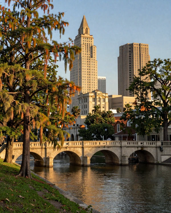 San Antonio River Walk downtown stone bridges at golden hour