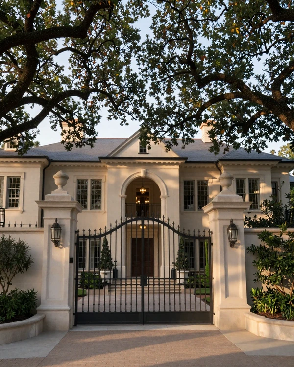 River Oaks Houston estate gate framed by live oaks at golden hour