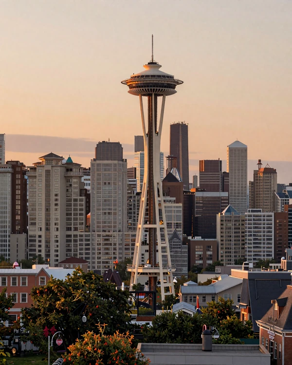 Queen Anne hilltop view with Space Needle and Elliott Bay at dusk