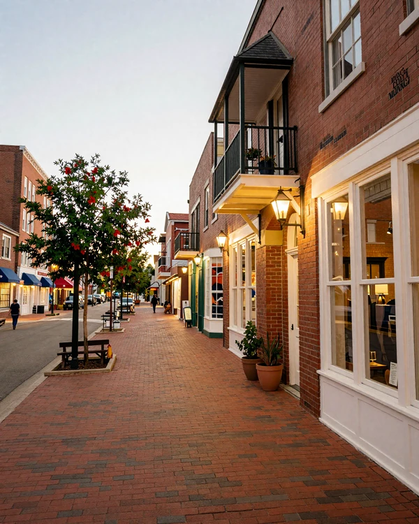 Zionsville brick-lined Main Street with gas lanterns at dusk