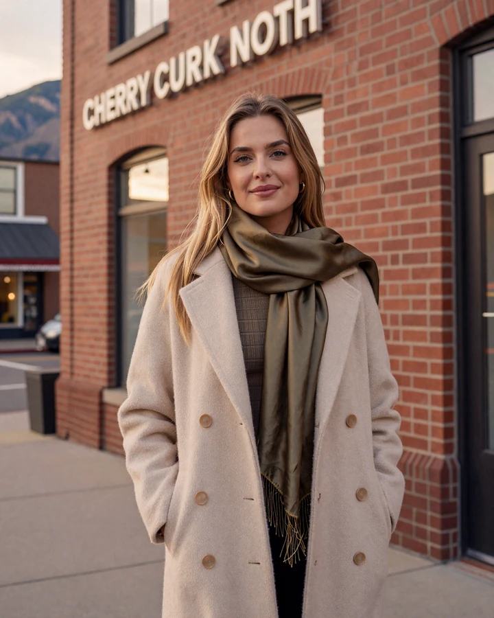 Elegant woman in cream cashmere on Cherry Creek North boutique street representing sugar daddy Denver lifestyle