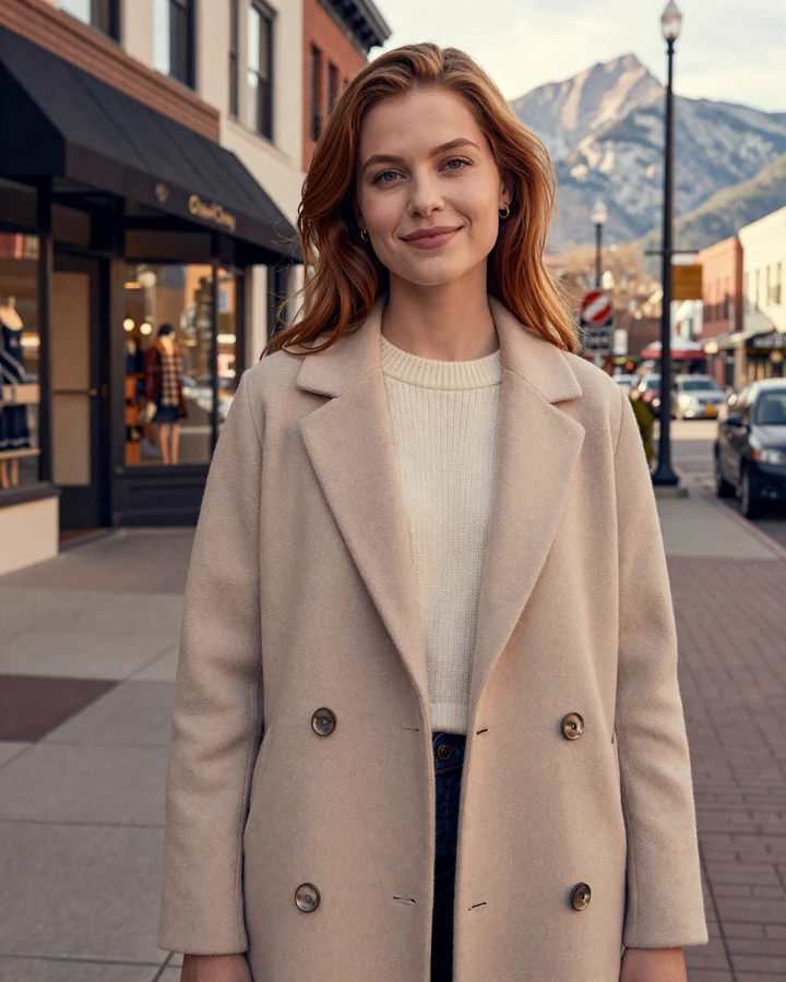 Elegant woman in cream cashmere on Cherry Creek Denver street representing sugar baby Denver lifestyle