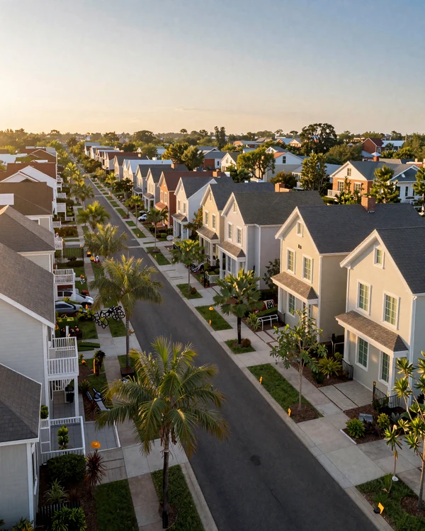 Baldwin Park tree-lined main street with craftsman townhouses