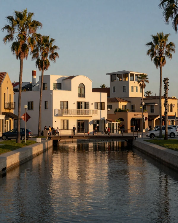 Venice Beach canal houses and palm trees at golden hour