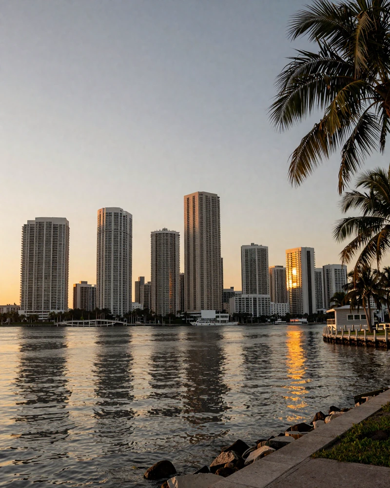 Miami Brickell skyline at dusk from Biscayne Bay representing cougar dating Miami setting