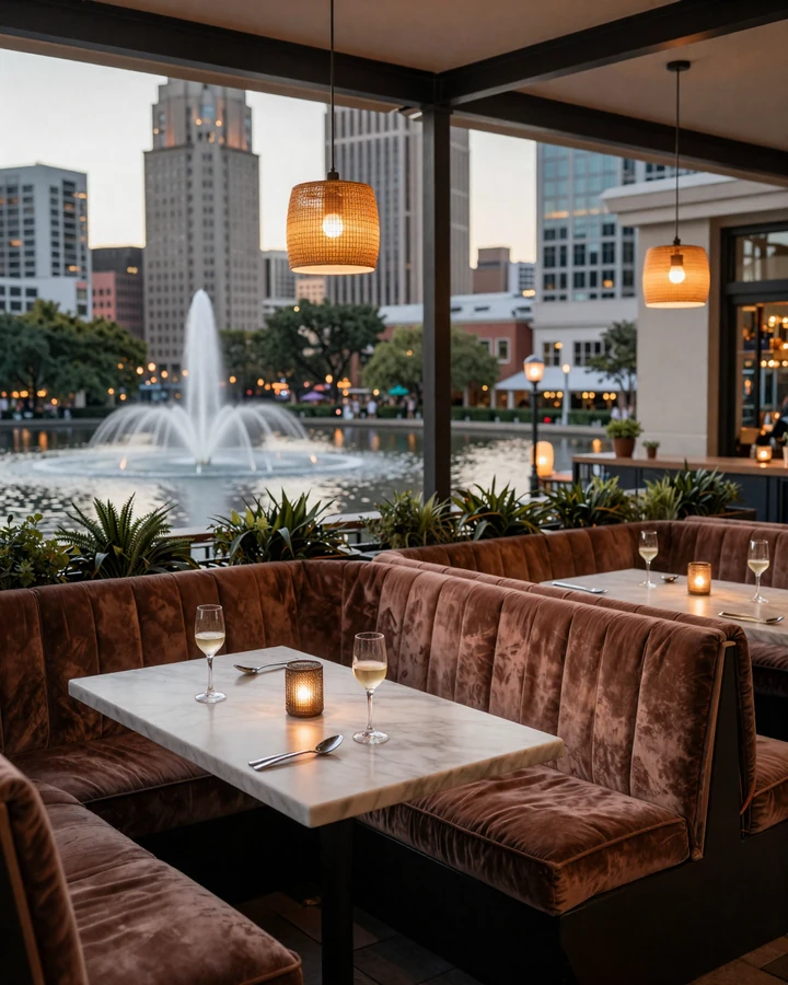 Downtown Orlando rooftop lounge with Lake Eola view at dusk