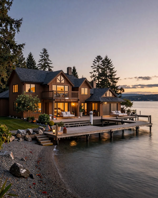 Medina waterfront estate on Lake Washington with cedar architecture at dusk