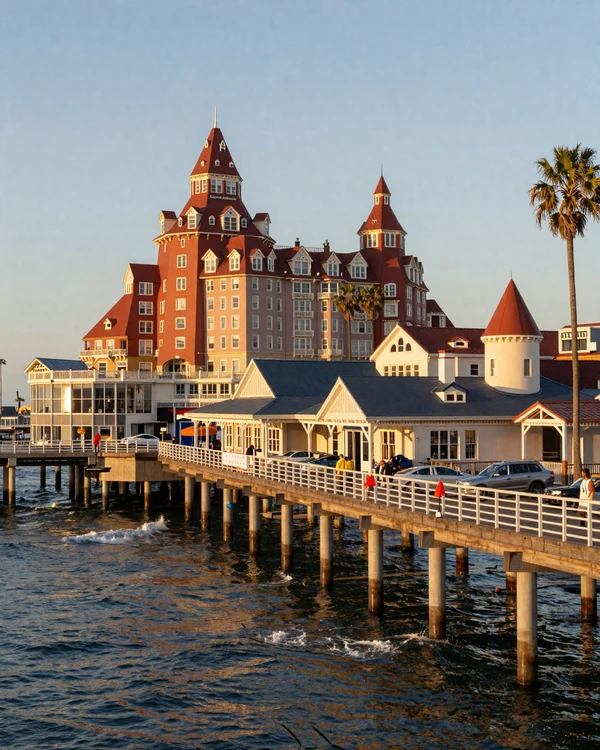 Coronado Island San Diego with Hotel del Coronado turrets and oceanfront