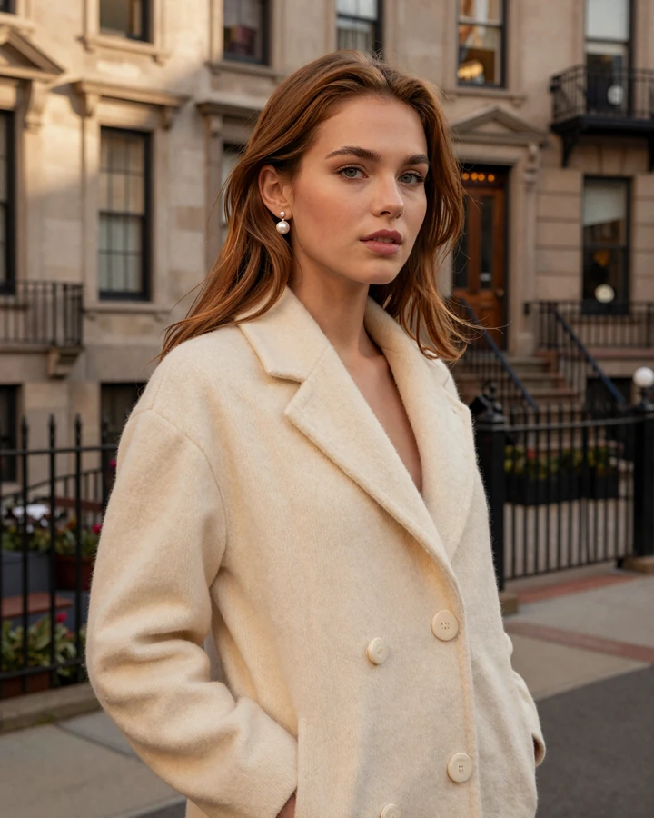 Refined young woman in cream cashmere on Madison Avenue Upper East Side representing sugar baby New York lifestyle